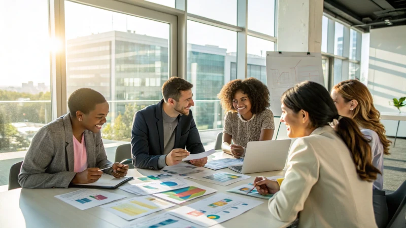 A diverse group of professionals in a bright meeting room discussing pricing strategies.