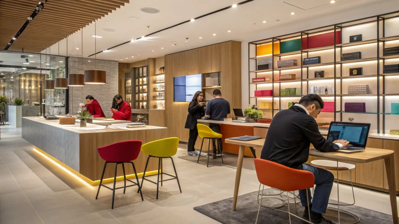 A vibrant modern workspace with contemporary furniture and customers interacting with products.