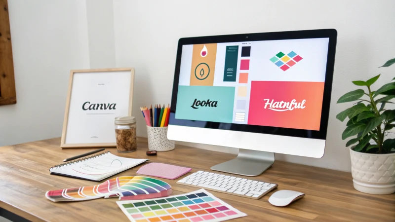 A modern workspace with a computer displaying branding tools