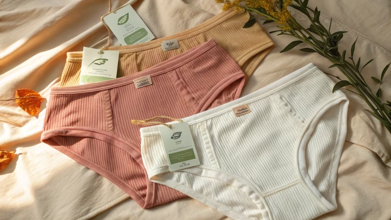 Flat lay of organic cotton underwear in various styles and colors on textured fabric.