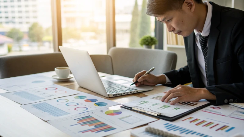 Businessperson analyzing financial documents in a professional office setting