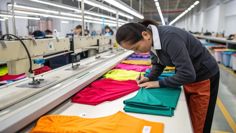 Inspector examining shapewear garments on an assembly line in a factory