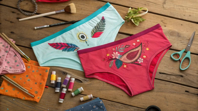 A top-down view of a rustic wooden table with colorful underwear and crafting tools.