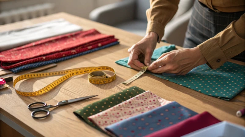 A tailor's hands working on colorful fabrics