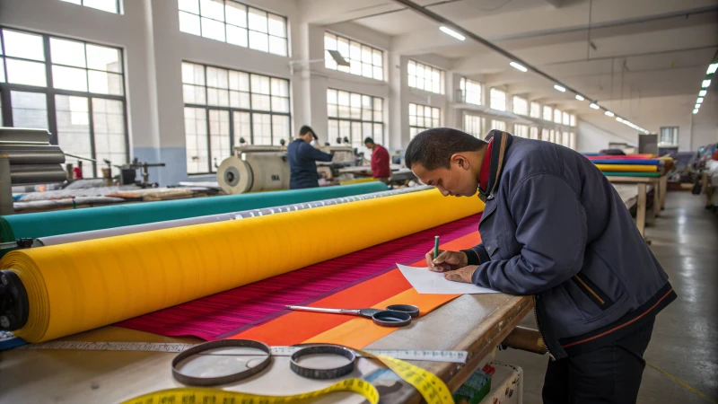 An inspector examining a roll of colorful fabric in a textile factory
