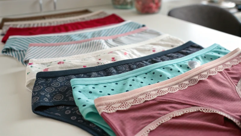 Close-up of various men's and women's underwear on a table