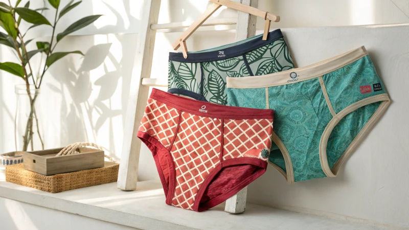 A stylish display of unique underwear designs on a minimalist backdrop