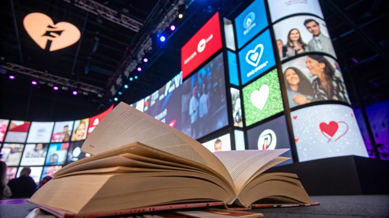 A vibrant collage representing storytelling in marketing with books and digital screens.