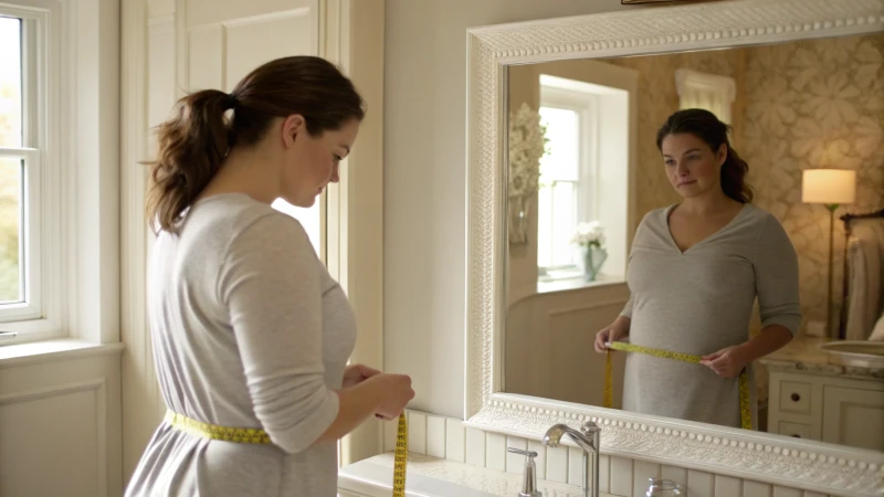 Woman measuring her bust size in a bathroom mirror