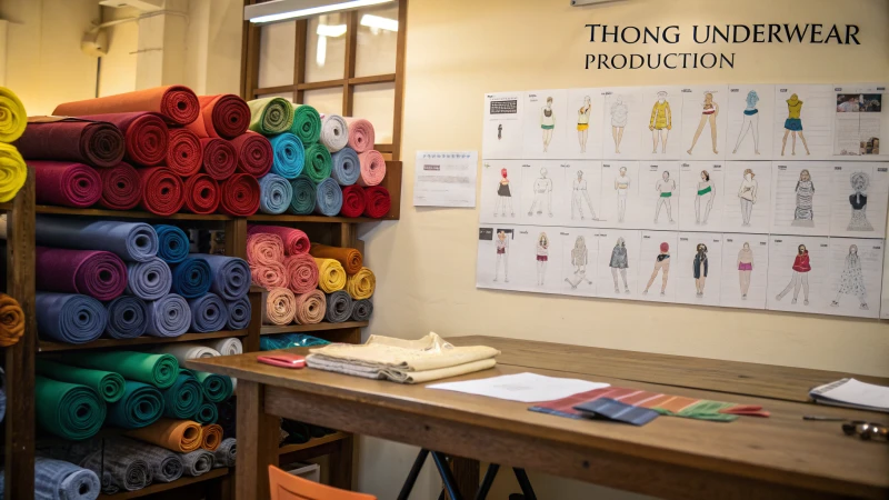 A workshop for custom thong underwear production, showcasing vibrant fabrics and design sketches.